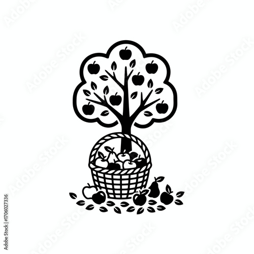 Vector art of a basket full of apples under an apple tree represents the joy of picking fresh fruit in the fall