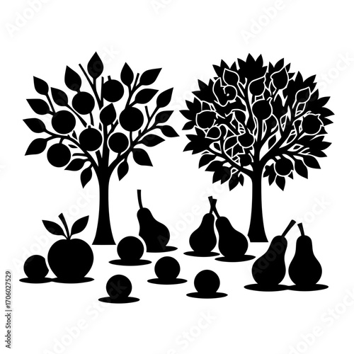 Vector art of silhouette of apple and pear trees with fallen fruits vector illustration of a garden with fruit trees