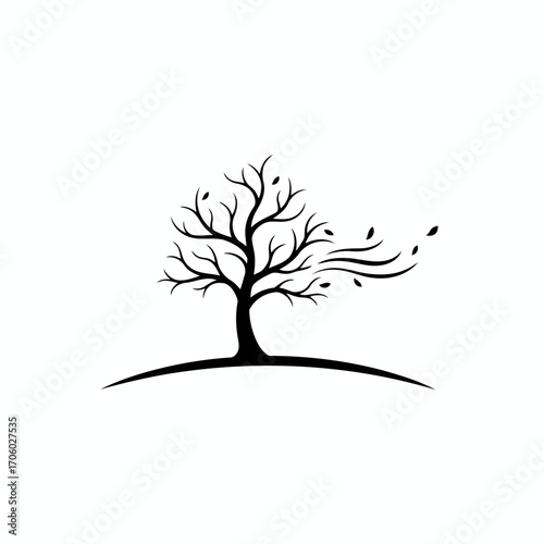 Vector art of silhouette of bare tree in wind vector illustration of a tree in the wind with leaves blowing away