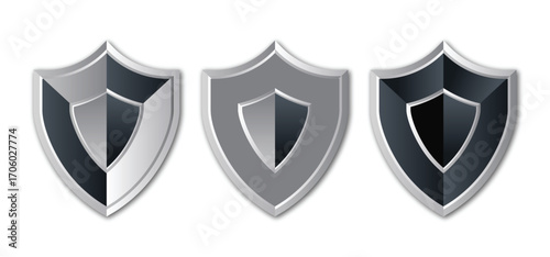 Metallic medieval shields different shades of gray and black vector design, Minimalist shield shape vector icon design, Modern abstract metallic shield vector black and white illustration