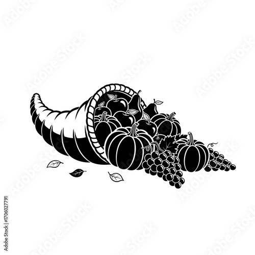 Vector art of black and white illustration of a cornucopia filled with pumpkins and grapes