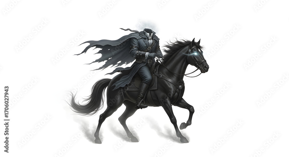 Obraz premium Eerie spectral horseman, cloaked and shadowy with glowing eyes, powerfully gallops on a magnificent black steed, a legendary figure from dark myths