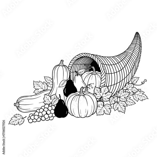 Vector art of hand drawn cornucopia with pumpkins, gourds, grapes, pears, and leaves thanksgiving harvest illustration