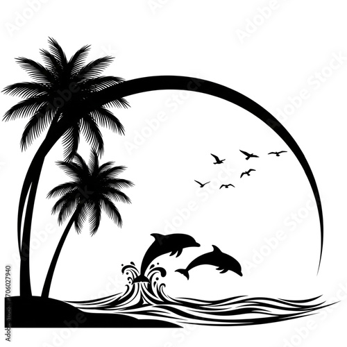 Detailed black silhouette vector art of a tropical island beach with palm trees, jumping dolphins, ocean waves, and flying birds.