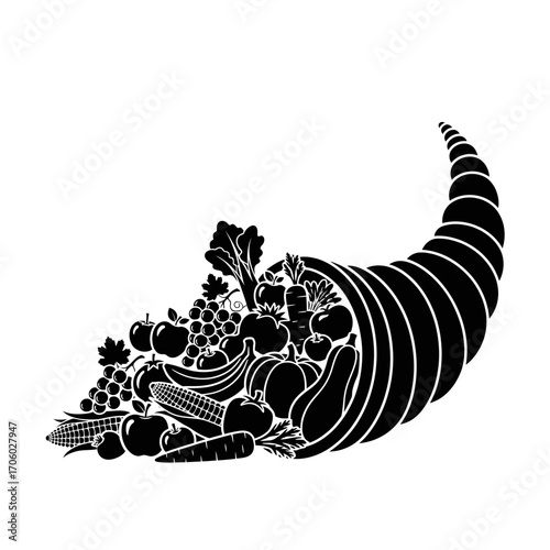 Vector art of black silhouette of cornucopia with pumpkins, gourds, grapes, pears, and leaves thanksgiving harvest illustration