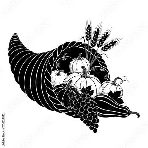 Vector art of black silhouette of cornucopia with pumpkins, gourds, grapes, and wheat thanksgiving harvest illustration