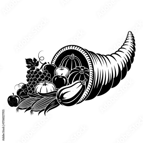 Illustration of a cornucopia overflowing with fruits and vegetables, a symbol of abundance and thanksgiving