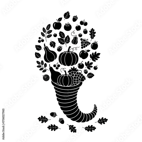 Illustration of a cornucopia overflowing with fruits and vegetables, a symbol of abundance and thanksgiving day