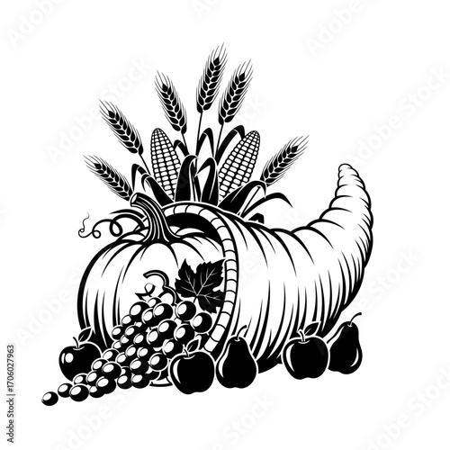 Illustration of a cornucopia overflowing with wheat, grapes, and pumpkins, a symbol of abundance and thanksgiving