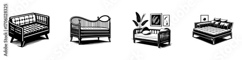 Modern Minimalist Daybed Icon, Flat Silhouette of a Home Furniture Vector for Interior Illustration Design