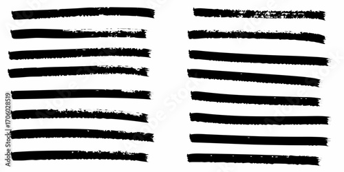 Collection of black brush stroke lines with textured edges on a white background