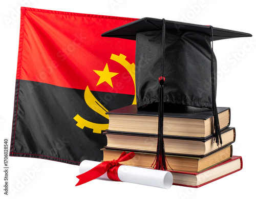 Angola Flag Beside Graduation Cap and Stack of Books 