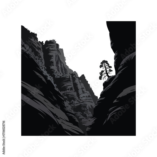Canyon Silhouette Illustration with Solitary Tree Landscape Design in Black and White
