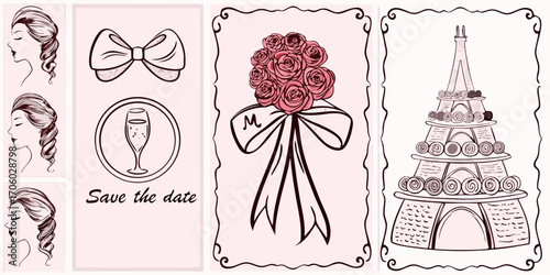 Elegant wedding design elements featuring eiffel tower cake rose bouquet and bride s hairstyle illustrations