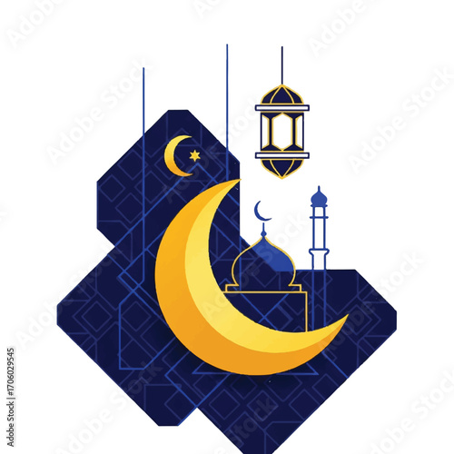 Graphic illustration of a crescent moon and mosque on a geometric patterned background with a lantern and stars in shades of blue and gold.
