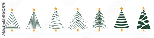 Set of christmas tree line art. Abstract linear christmas tree. Hand drawn christmas trees doodle. Minimalist and elegant christmas ornament. Vector illustration.