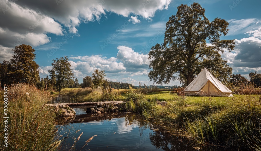 Fototapeta premium Tranquil campsite by a babbling brook