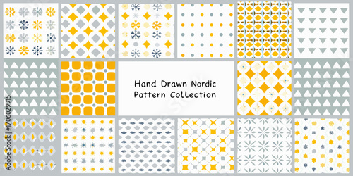 Collection of hand drawn nordic style seamless patterns in yellow gray and white