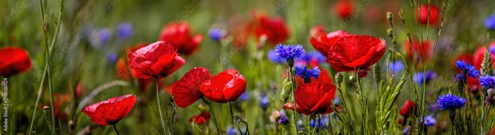 Obraz premium Vivid wildflowers bloom in a field of green, with brilliant red poppies and striking blue cornflowers creating a vibrant, natural landscape