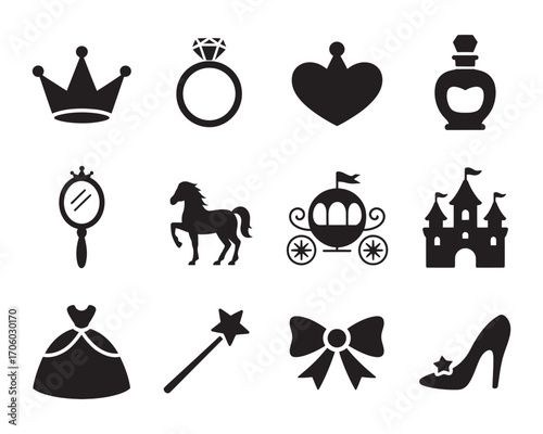 Black and white vector icon set with classic princess and fairy tale symbols such as a crown, castle, magic wand, and glass slipper 
