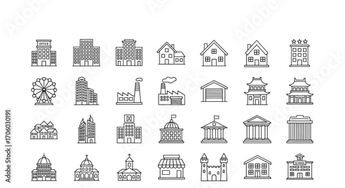 Line art building icons collection featuring diverse architectural structures houses, offices, factories, churches, and government buildings.