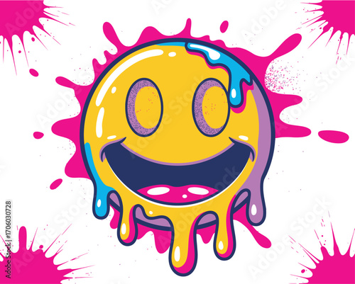 A vibrant illustration of a melting yellow smiley face with colorful drips. Psychedelic and trippy graphic design concept against a bright pink paint splatter background, vector format