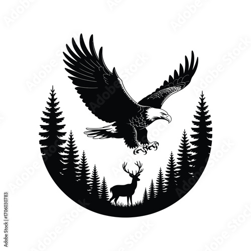 Eagle Silhouette Illustration with Deer in Forest Landscape Design in Black and White