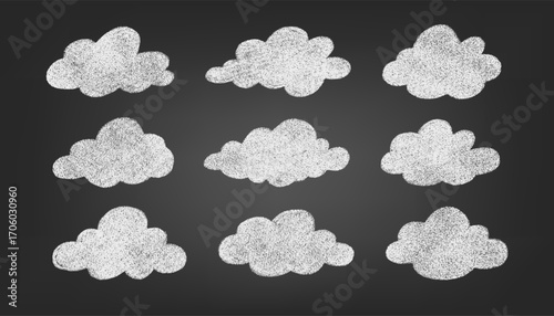 Chalk cloud set. Hand drawn vector doodle clouds in crayon style on blackboard texture. Cute cartoon elements for school, kids, education, weather, and design.
