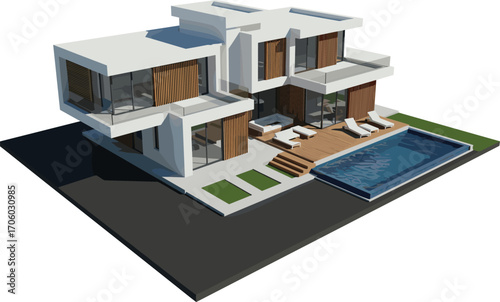 Modern luxury house with glass walls, swimming pool, sunset reflection, minimalist architecture, outdoor lounge, 3D render, premium villa