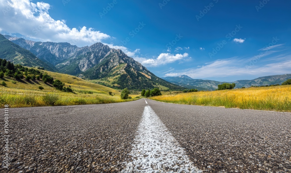 Fototapeta premium Scenic mountain road under a vibrant blue sky
