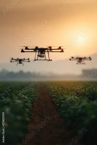 swarm of drones precisely treating plants against pests using modern technology for ecological protection