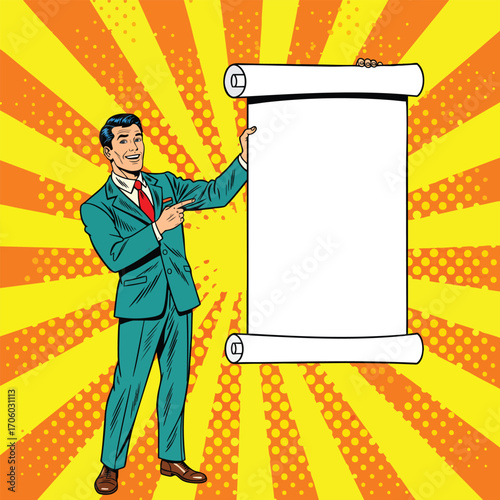 A smiling pop art businessman in a suit pointing to a large blank scroll for a presentation.