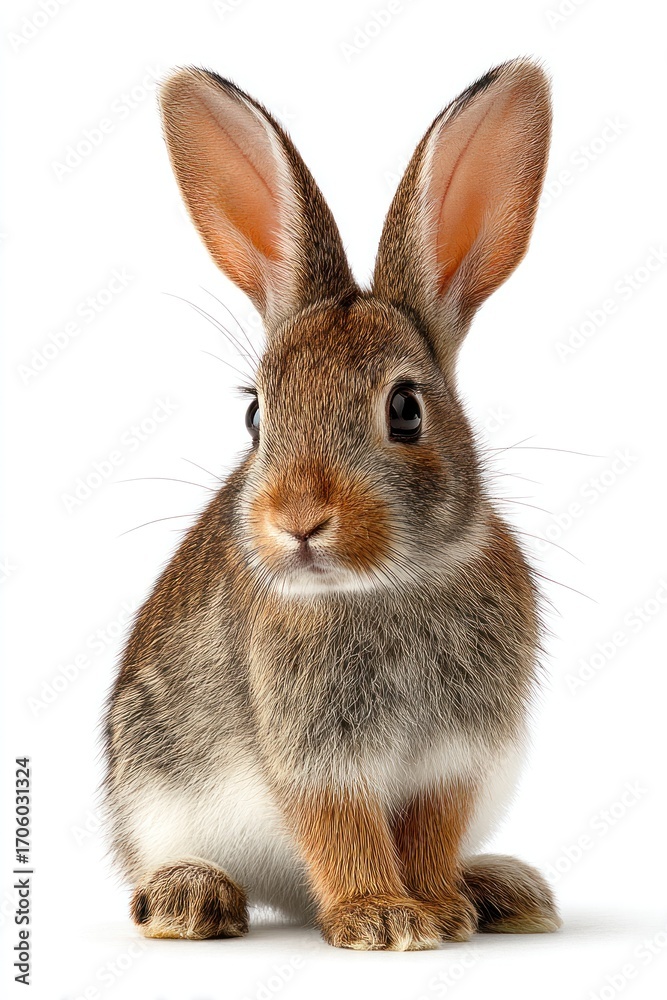Obraz premium A charming brown rabbit with long ears sits against a stark white backdrop, its soft fur and inquisitive eyes are captivating