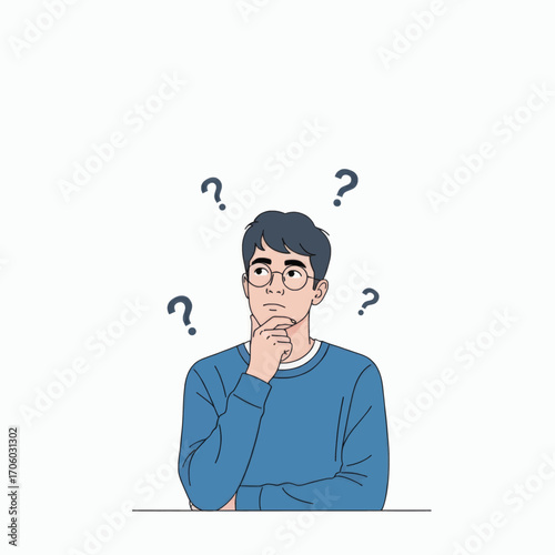 Thoughtful young man with glasses and question marks around his head, a concept of contemplation and problem-solving