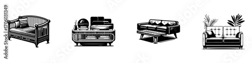 Modern Minimalist Decorative Sofa Icon, Flat Silhouette of a Home Furniture Vector for Interior Illustration Design