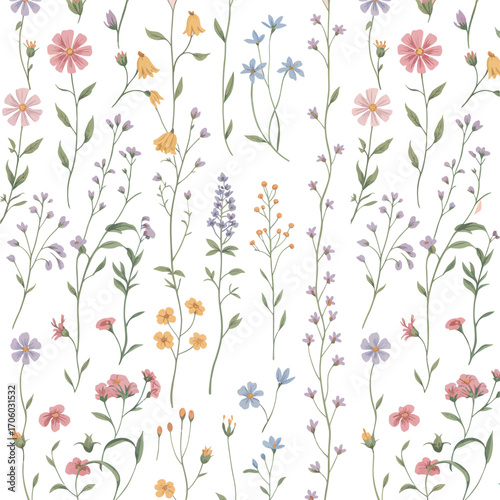 A beautifully detailed seamless vector pattern featuring a variety of colorful hand-drawn wildflowers and botanical elements on a clean white background