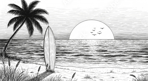 Black and white crosshatch illustration of a peaceful tropical beach sunset with a palm tree surfboard and flying birds.