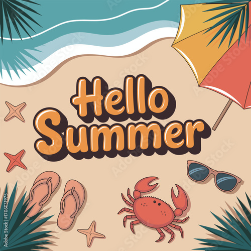 Hello Summer Beach Illustration – Sand, Crab, Flip Flops, Sunglasses, Umbrella and Tropical Leaves Vector