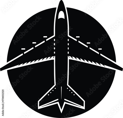 airplane top view silhouette in circular frame aviation design