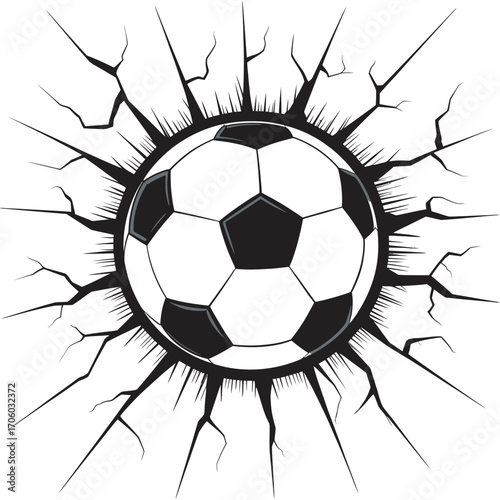Vector illustration of a soccer ball powerfully breaking through a cracked wall, dynamic sports graphic element isolated on white background
