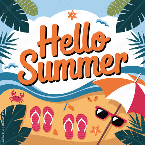 Hello Summer Beach Vector Illustration – Sand, Umbrella, Flip Flops, Sunglasses and Tropical Leaves Design