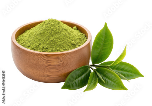 Green tea powder in a bowl with fresh leaves isolated on transparent background