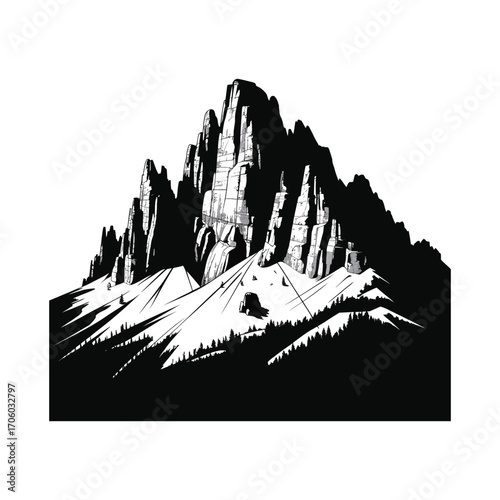 Dramatic Mountain Peak Silhouette Illustration with Rugged Cliffs and Forest Landscape