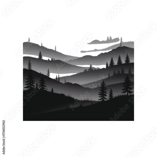 Layered Mountain Range Silhouette Illustration with Misty Forest and Distant Peaks