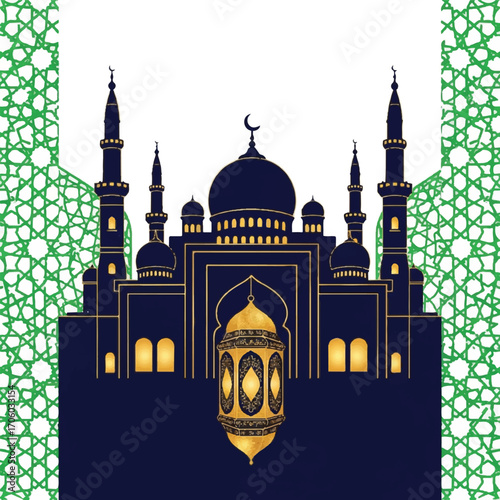 Digital illustration of a mosque with gold accents and intricate green patterns on a white background.