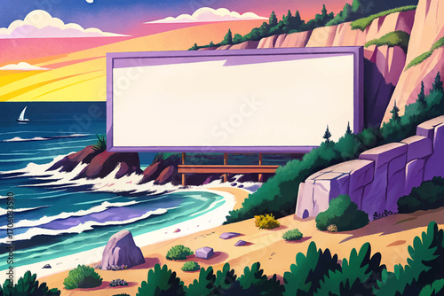 Massive white advertising banner in coastal cliff landscape, ocean waves horizon, wilderness background, natural mockup surface, rustic outdoor placement, minimal solitude design, dramatic scene