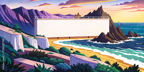 Massive white advertising banner in coastal cliff landscape, ocean waves horizon, wilderness background, natural mockup surface, rustic outdoor placement, minimal solitude design, dramatic scene