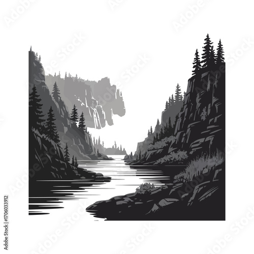 River Valley Silhouette Illustration with Cliffs and Evergreen Trees in Detailed Style