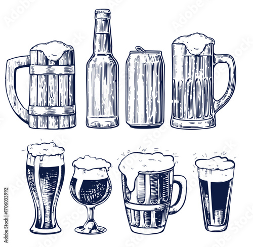Beer brewery icons collection. Glasses, bottle, barrel hand drawn elements for pub, bar menu. Vector sketch illustration