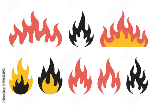 A vector collection of stylized fire and flame icons. A set of red, black, and yellow burning bonfire symbols for graphic design elements 